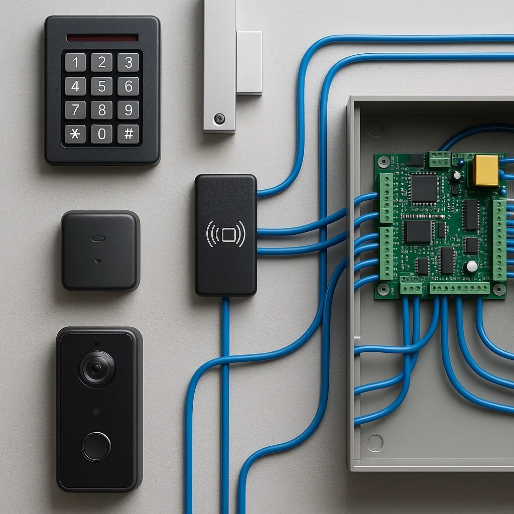 Keypad, reader, doorbell and controller wired on a board
