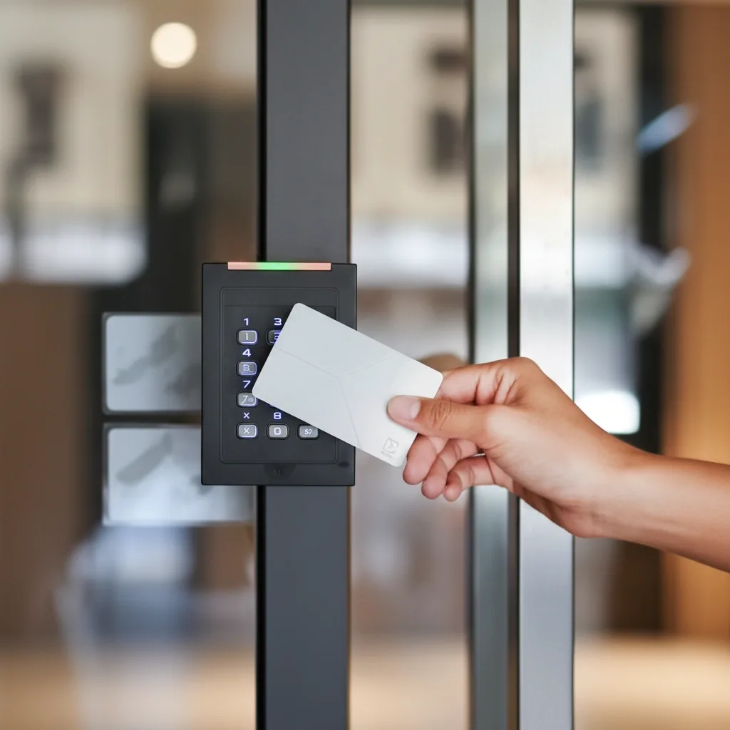 Hand presenting a white card to a black reader beside a glass door