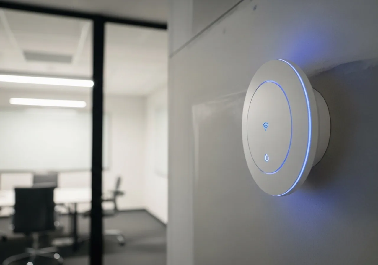 Round access point with blue ring on an office glass wall