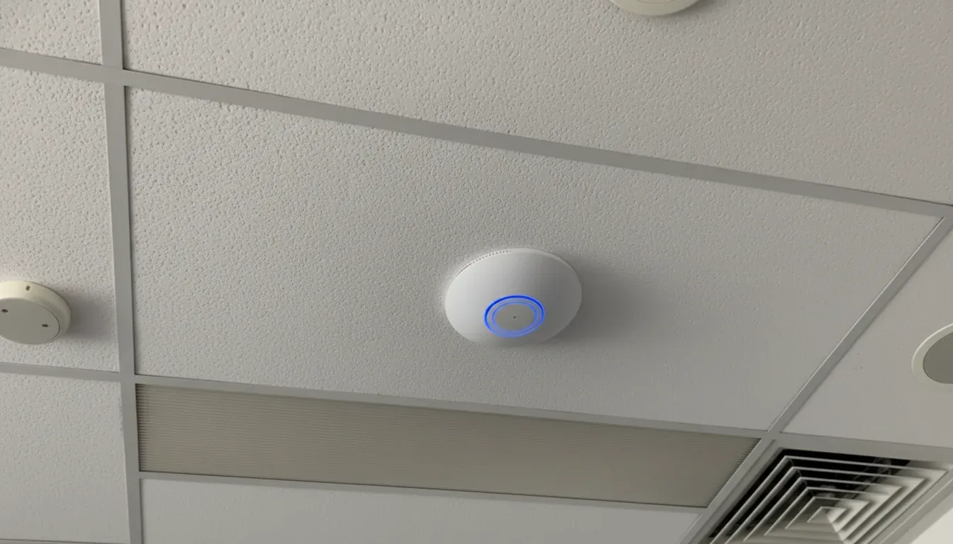 UniFi access point on an office ceiling tile