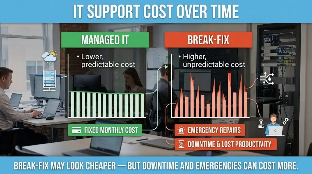Infographic banner comparing managed IT and break-fix cost