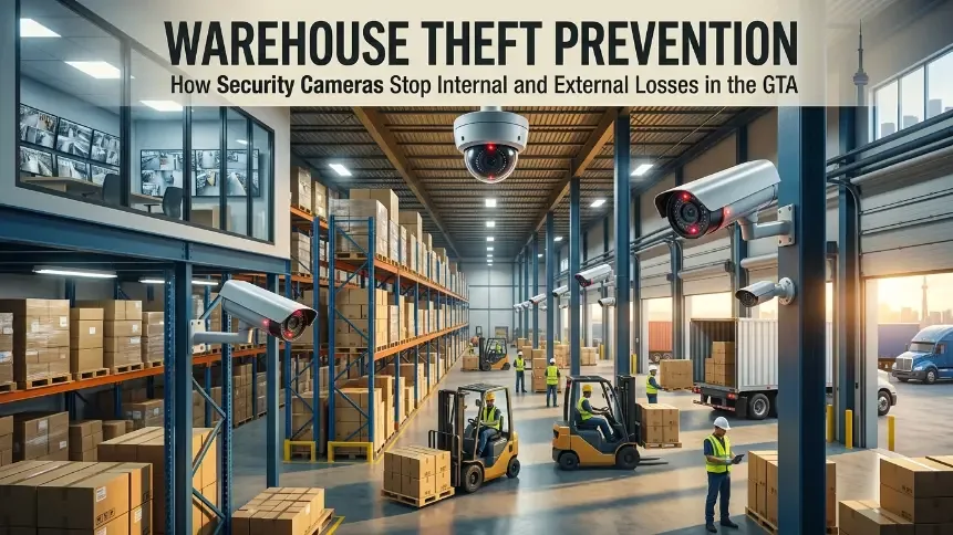 Banner reading Warehouse theft prevention over a warehouse with cameras