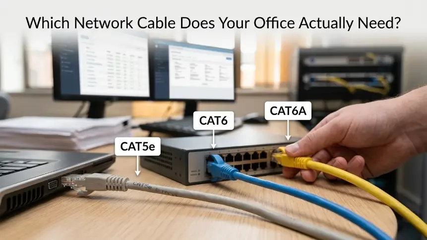 Banner comparing Cat5e, Cat6 and Cat6a cables on a desk