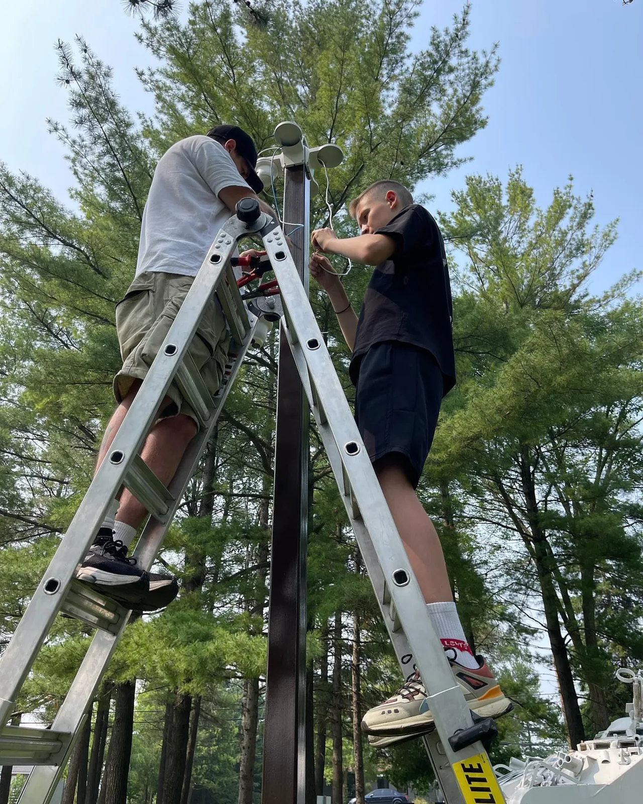 Two family members on a ladder installing a camera among pine trees