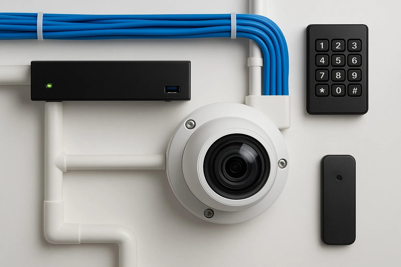 Blue cabling feeding a dome camera, keypad and reader on a wall