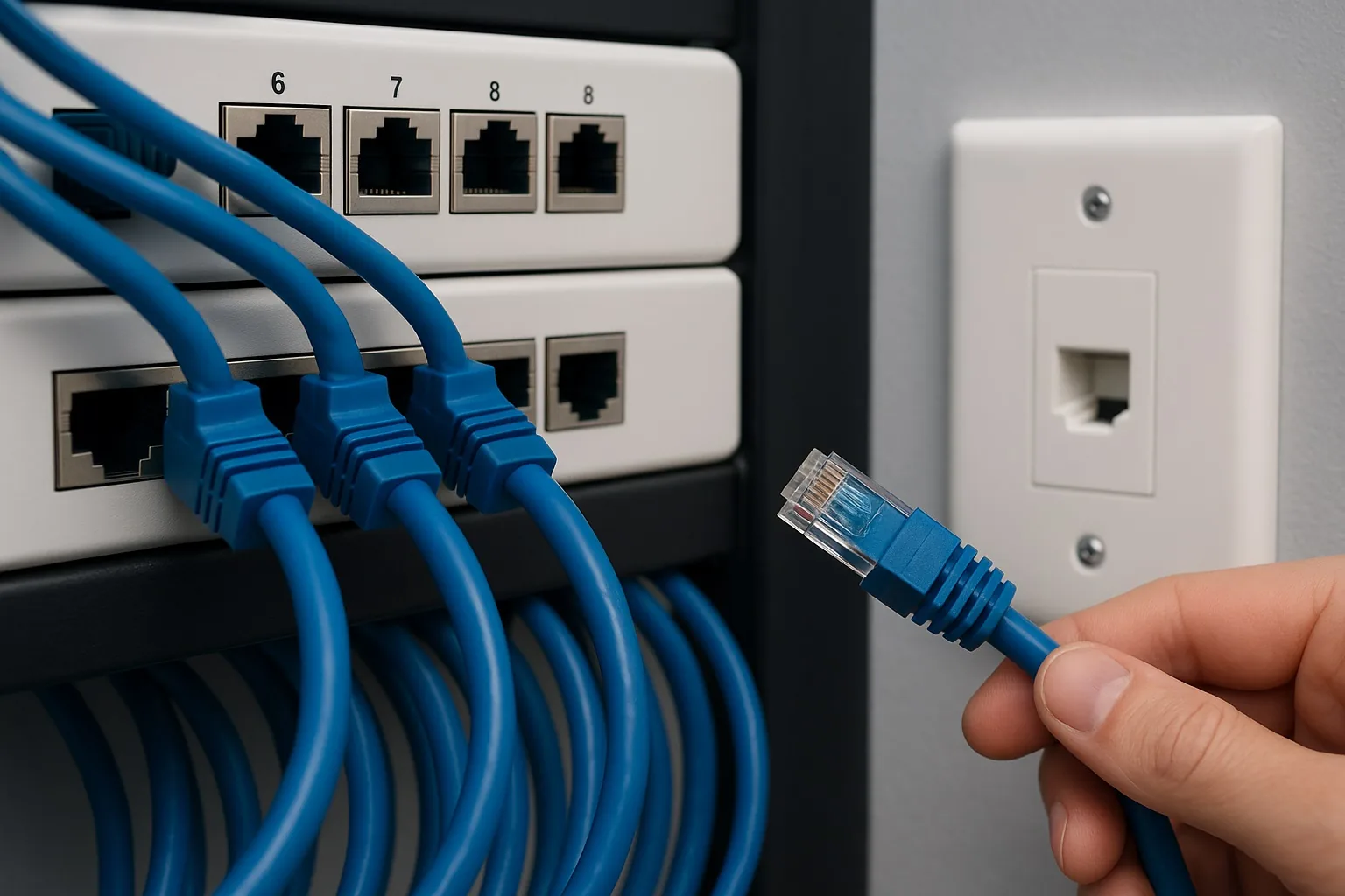 Hand plugging a blue cable into a wall plate beside a switch
