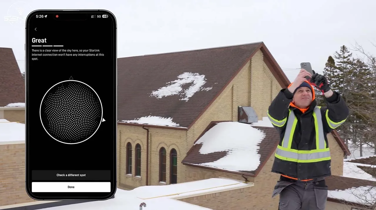 Phone showing the Starlink obstruction check in front of the church