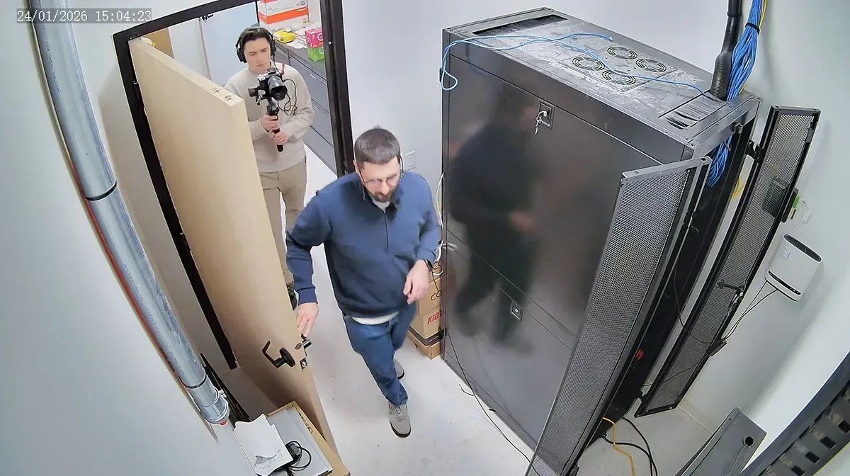 Overhead camera view of the server room rack