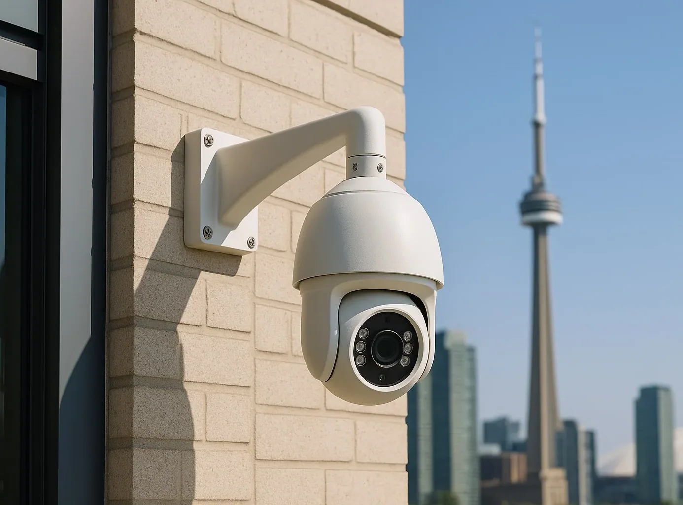 White PTZ security camera on a stone building wall with the CN Tower and the Toronto skyline behind
