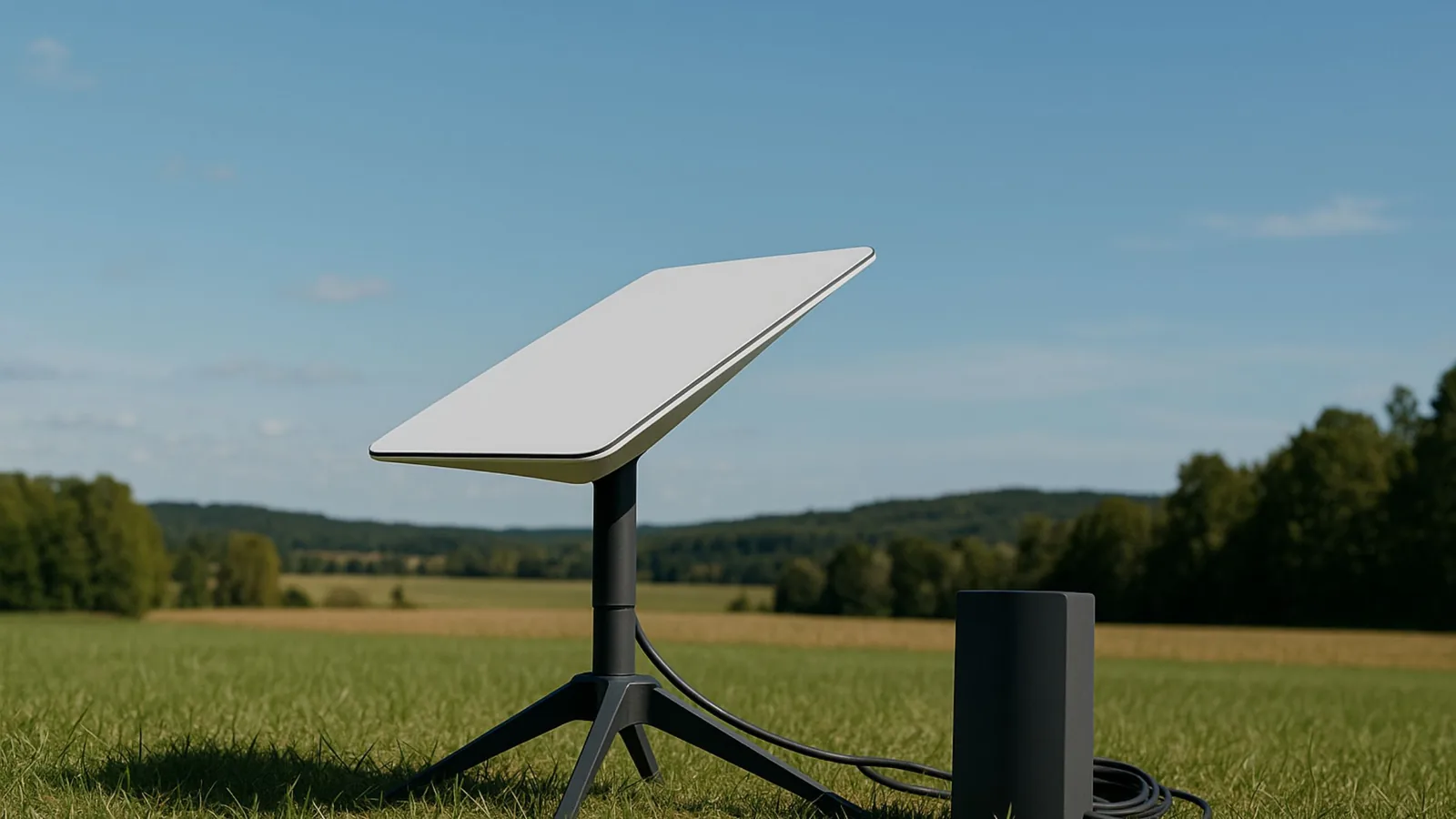 Starlink dish set up in a grassy field under a blue sky