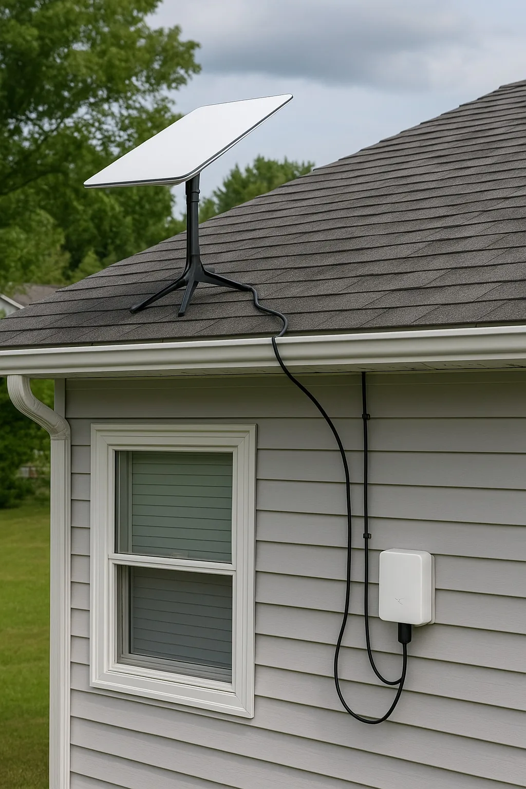 Starlink dish on a roof with cable run down the siding