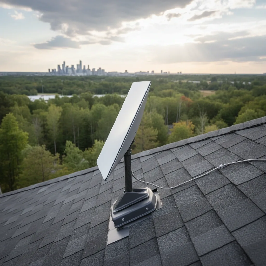 Starlink dish on a roof with a distant city skyline at dusk