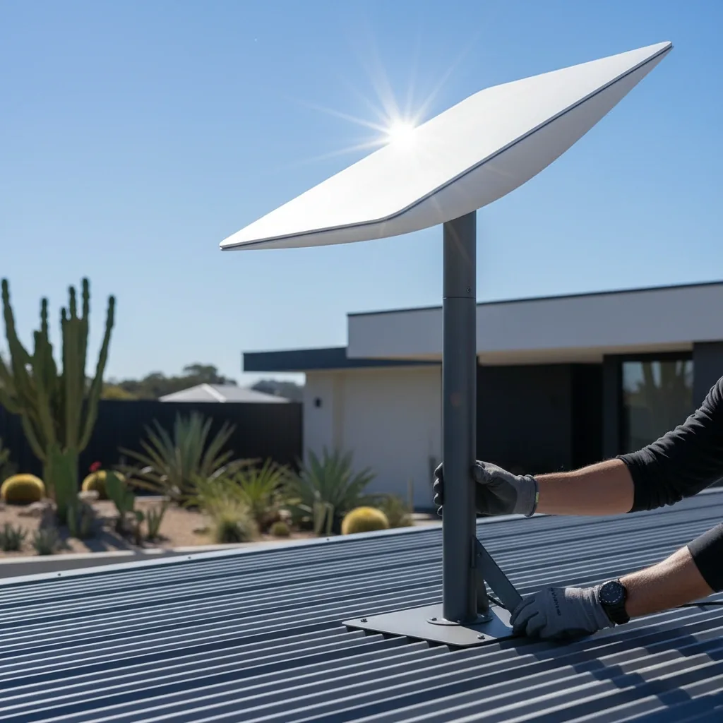 Technician installing a Starlink dish on a metal roof