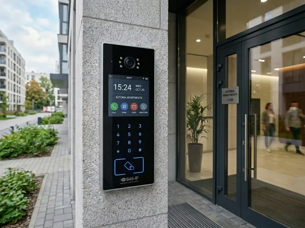 BAS-IP intercom on a stone pillar at an apartment entrance