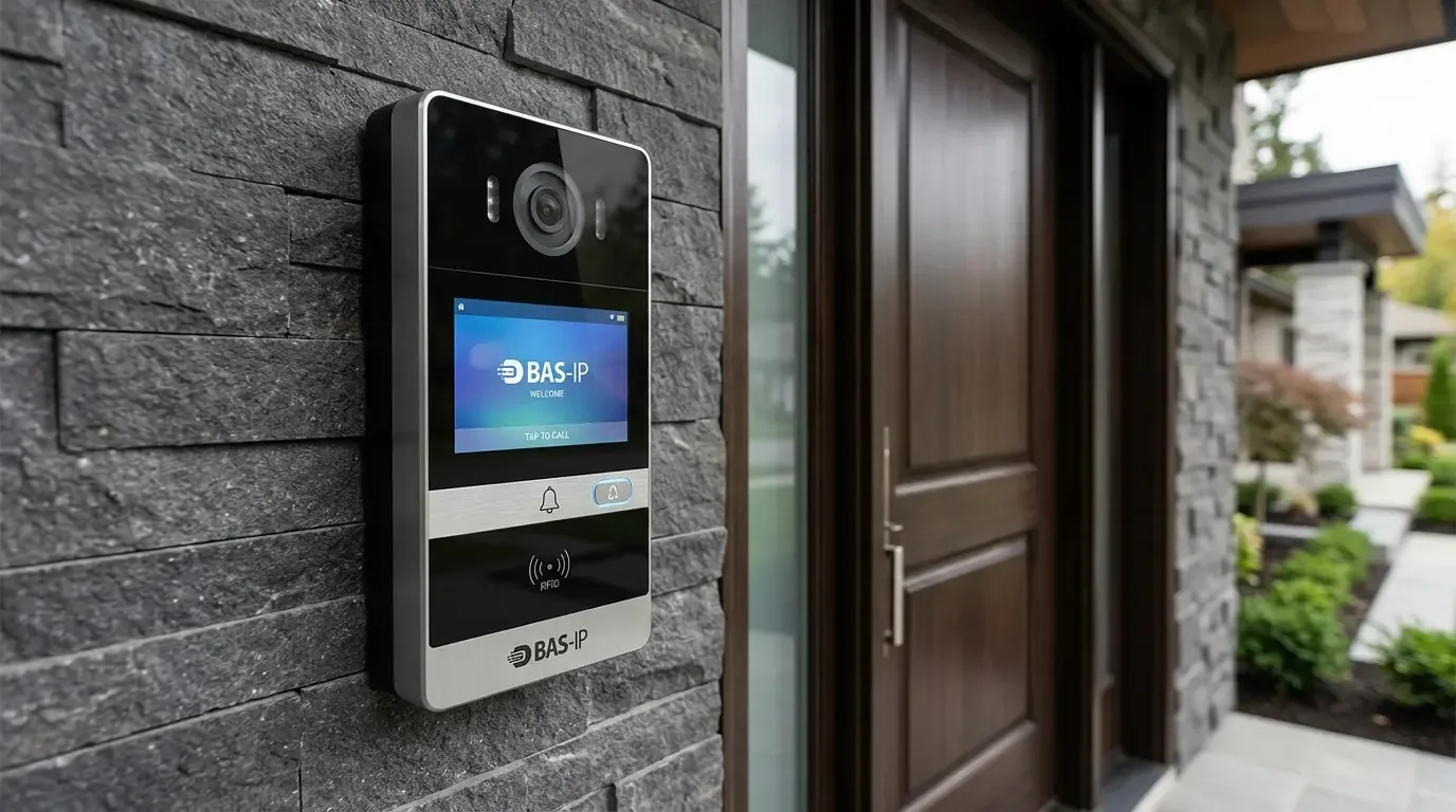 BAS-IP intercom on a dark stone wall beside a front door