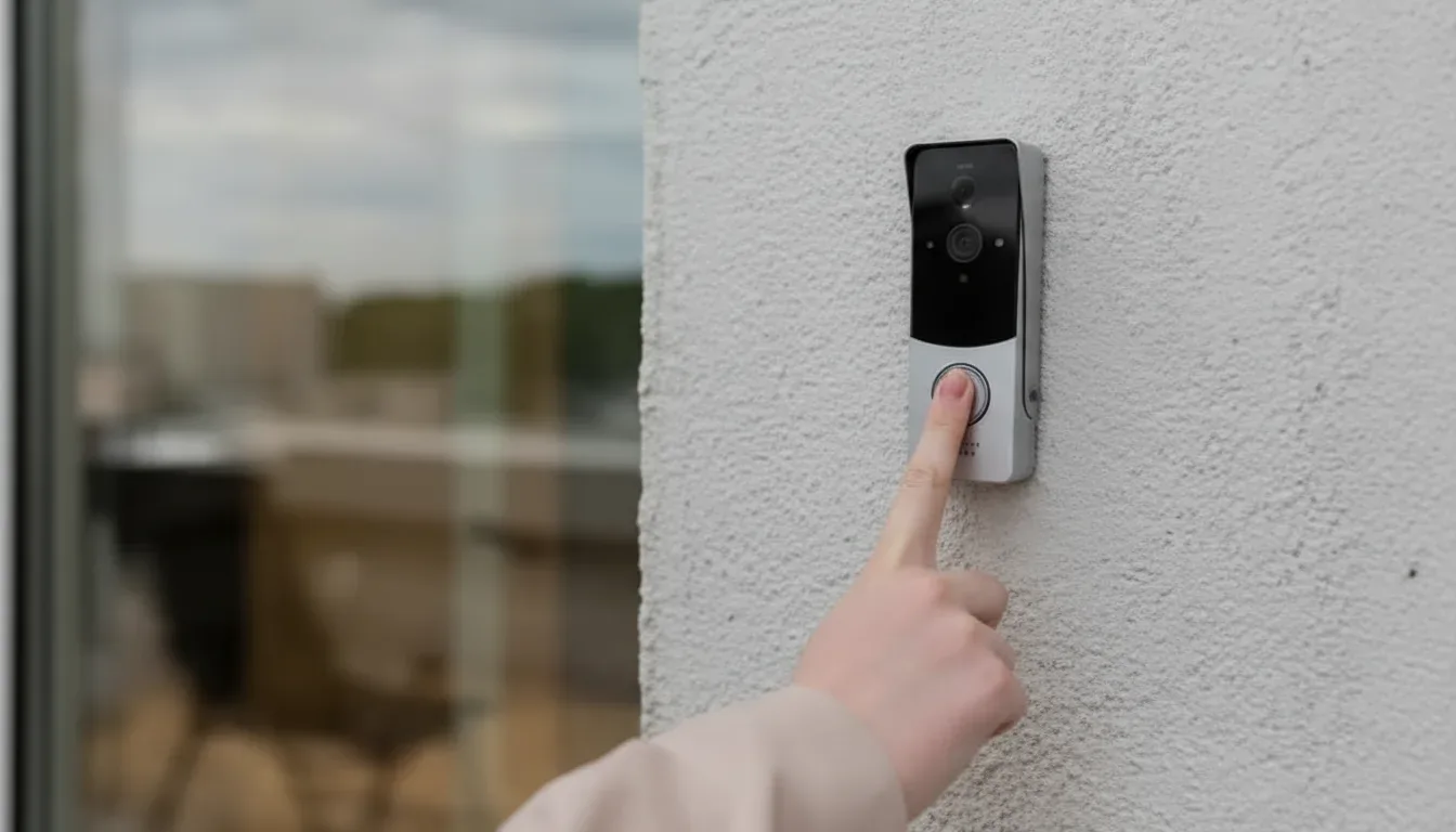 Hand pressing a video doorbell on a stucco wall