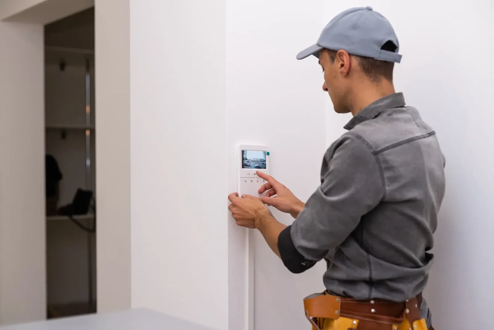 Technician in a grey cap setting up a wall intercom monitor