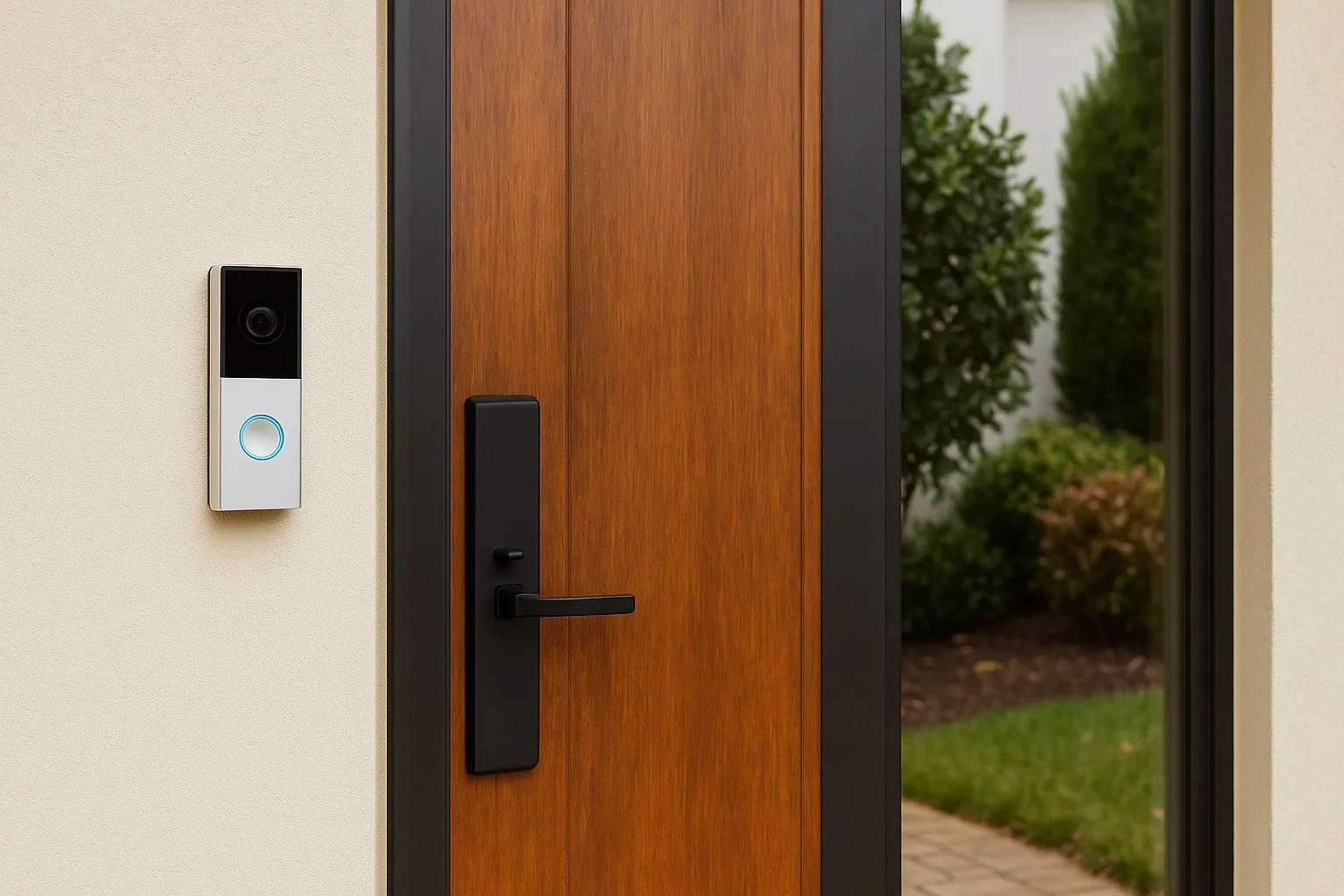 Video doorbell beside a wooden front door