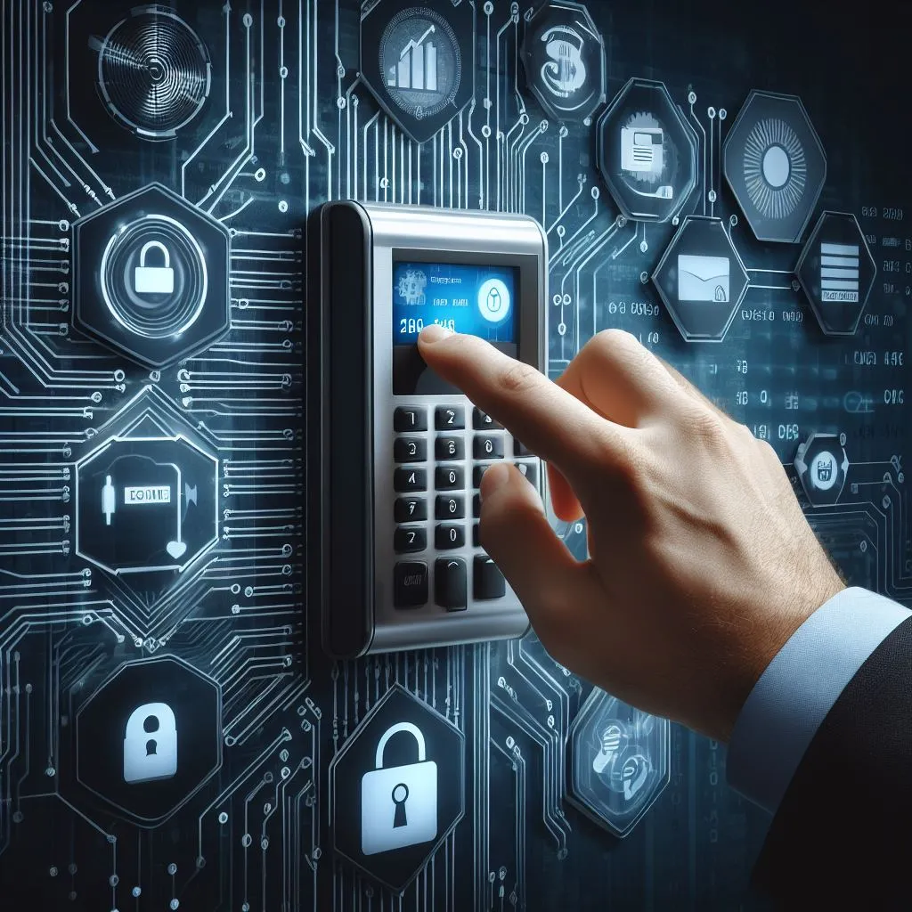 Hand entering a security code on a digital access control keypad, with a futuristic background featuring security icons and circuit-like patterns, representing advanced building entry systems.