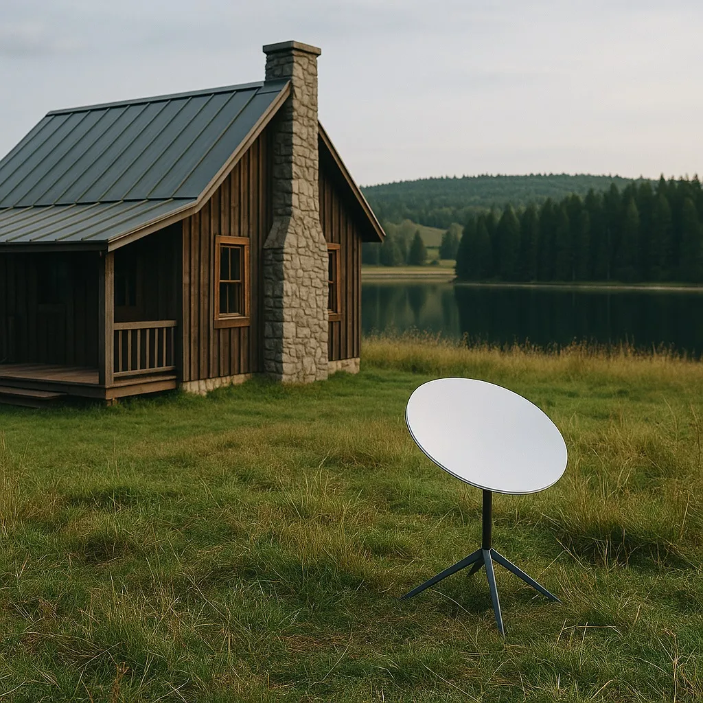 Starlink satellite dish set up on a grassy lawn near a rustic wooden cabin by a lake, surrounded by forest and hills, representing remote internet access in rural areas.