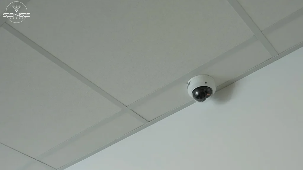 Dome security camera installed on a drop ceiling in a commercial office space in Toronto, showcasing professional CCTV camera installation by Sense Group.