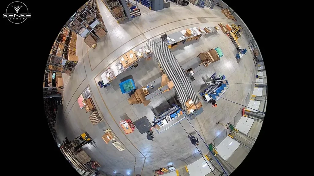 Overhead fisheye security camera view of an active warehouse floor showing packing stations, conveyor system, storage racks, pallets, and workers moving inventory under 360-degree video surveillance.