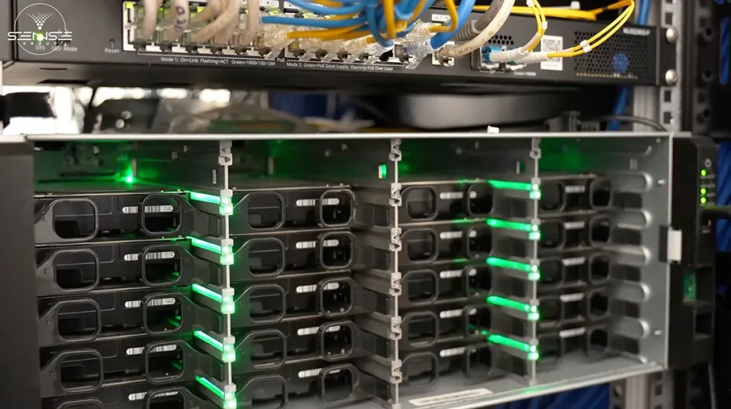 Close-up of a server rack cabinet with network switches, Ethernet cabling, and multiple storage drives with green LED indicators, supporting CCTV recording and business network infrastructure.