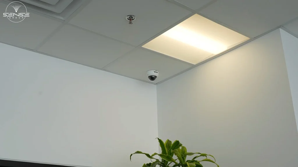 White dome CCTV security camera installed on a suspended ceiling in the corner of a commercial office space, positioned for wide-angle indoor surveillance coverage.