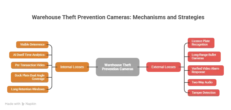 Modern warehouse theft prevention cameras monitoring inventory, employees, and loading areas to reduce internal and external losses