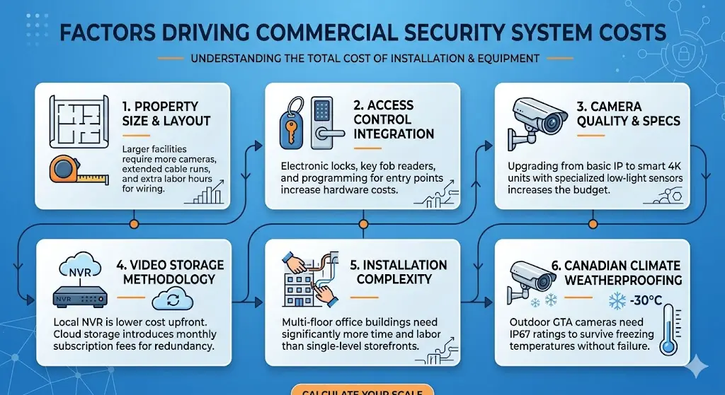 Key cost factors for commercial security systems including cameras, installation, and monitoring services