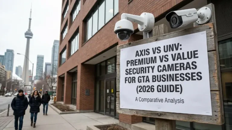 Comparison of Axis and UNV security camera systems for GTA businesses focusing on performance, features, and value