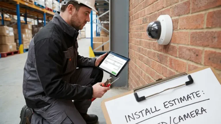 Commercial security camera installation showing per-camera installation costs, labor, wiring, and mounting for business surveillance systems