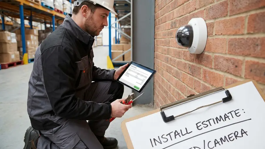 Commercial security camera installation showing per-camera installation costs, labor, wiring, and mounting for business surveillance systems