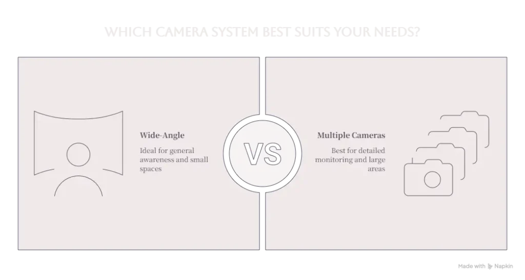 Business owner evaluating wide-angle security cameras versus multiple camera setup for optimal surveillance coverage