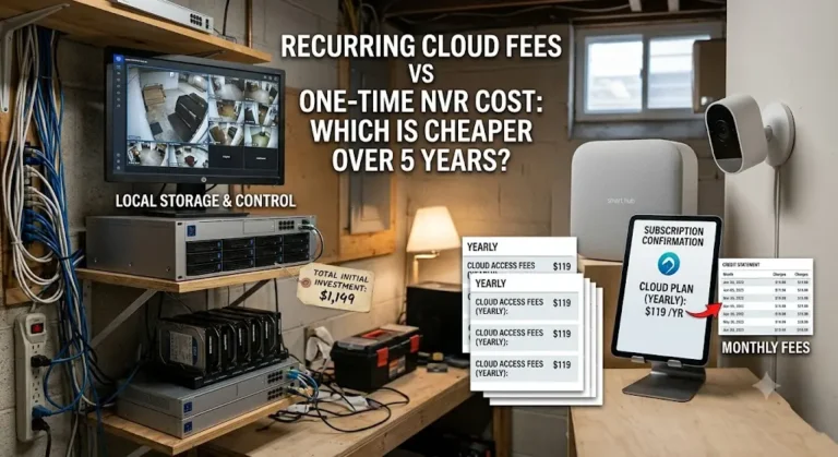 Five-year cost comparison of cloud security camera subscriptions and a one-time NVR system purchase, including hardware, storage, and ongoing fees