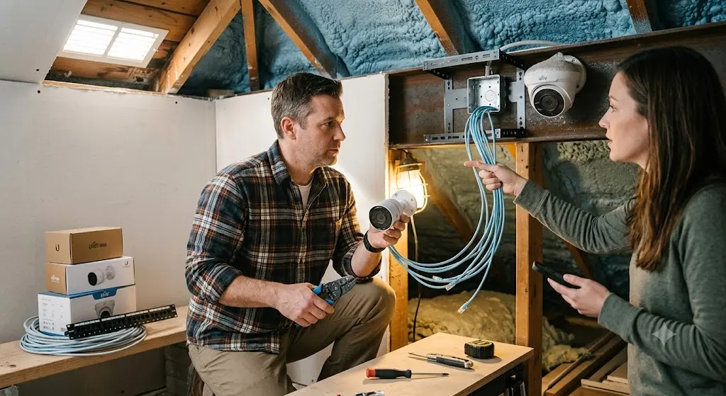 DIY versus professional installation of Ubiquiti and UNV security cameras, comparing setup complexity, wiring, configuration, and long-term reliability
