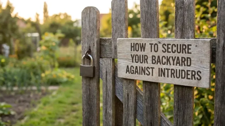 Backyard security featuring fencing, motion sensor lights, surveillance cameras, and secure gates to deter intruders