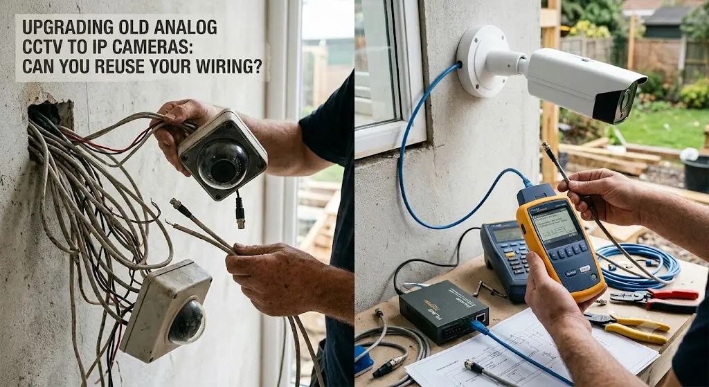 Technician upgrading an analog CCTV system to IP security cameras while evaluating whether existing coaxial or Ethernet wiring can be reused