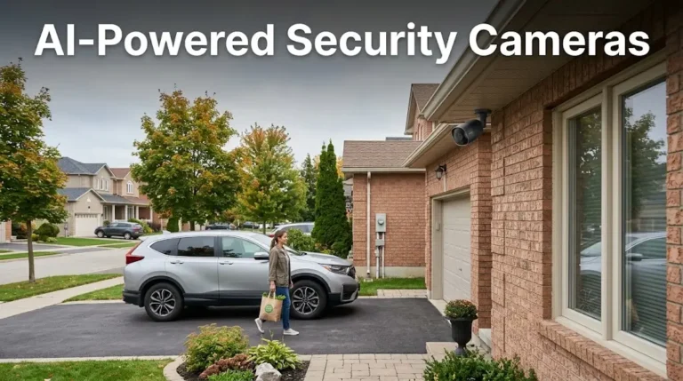 AI-powered security camera system in a Hamilton home showing smart detection of people, vehicles, motion, real-time alerts, and automated security monitoring