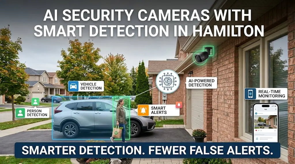 AI security cameras with smart detection in Hamilton showing people, vehicle, and motion detection with real-time alerts and automated home monitoring