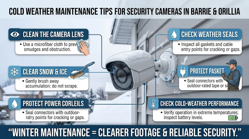 Cold-weather security camera maintenance in Barrie and Orillia showing lens cleaning, cable inspection, weatherproofing, battery checks, and protection from snow and freezing temperatures