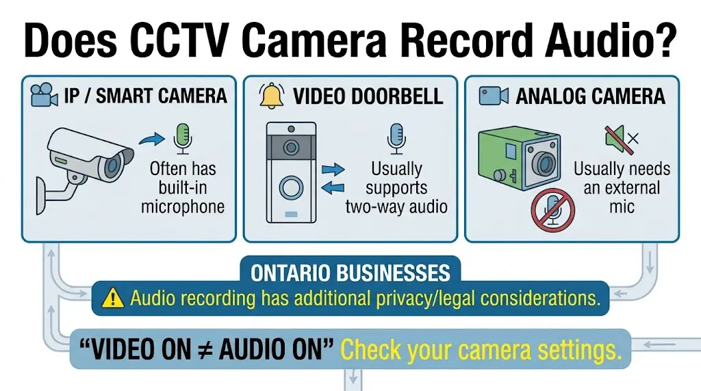 CCTV security camera with built-in microphone showing audio recording capability, privacy considerations, and video surveillance features