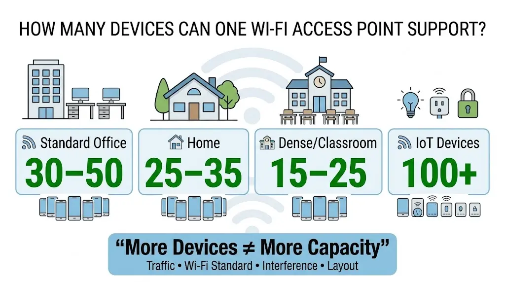 Wi-Fi access point supporting multiple connected devices in an office network, showing factors such as client density, bandwidth, signal strength, and network performance