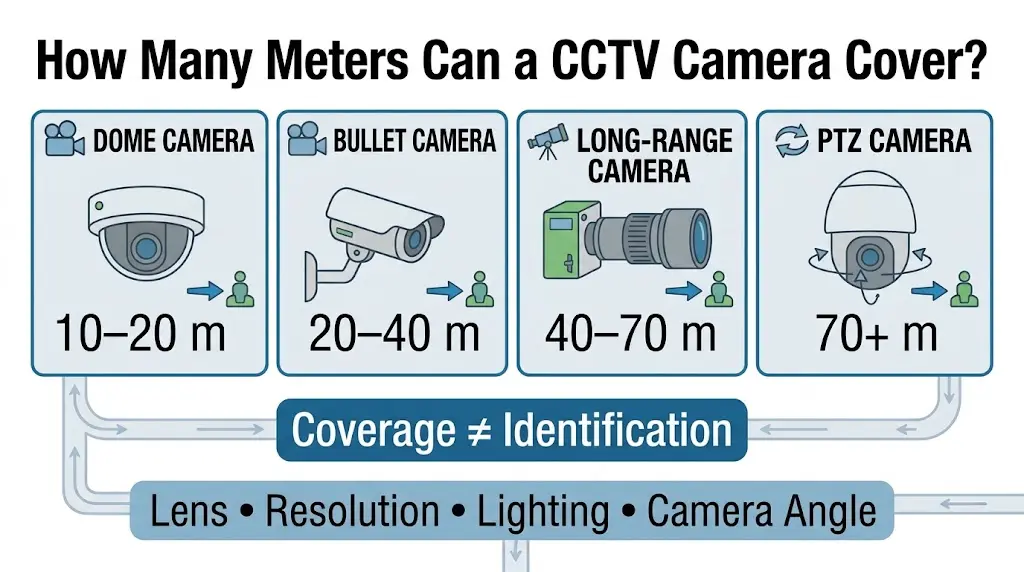 CCTV security camera coverage range showing viewing distance, field of view, lens type, image resolution, and night vision performance
