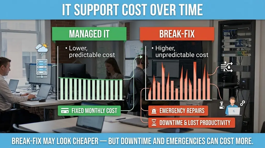 Managed IT services versus break-fix IT support cost comparison showing predictable monthly expenses, proactive maintenance, emergency repair costs, downtime, and long-term IT savings