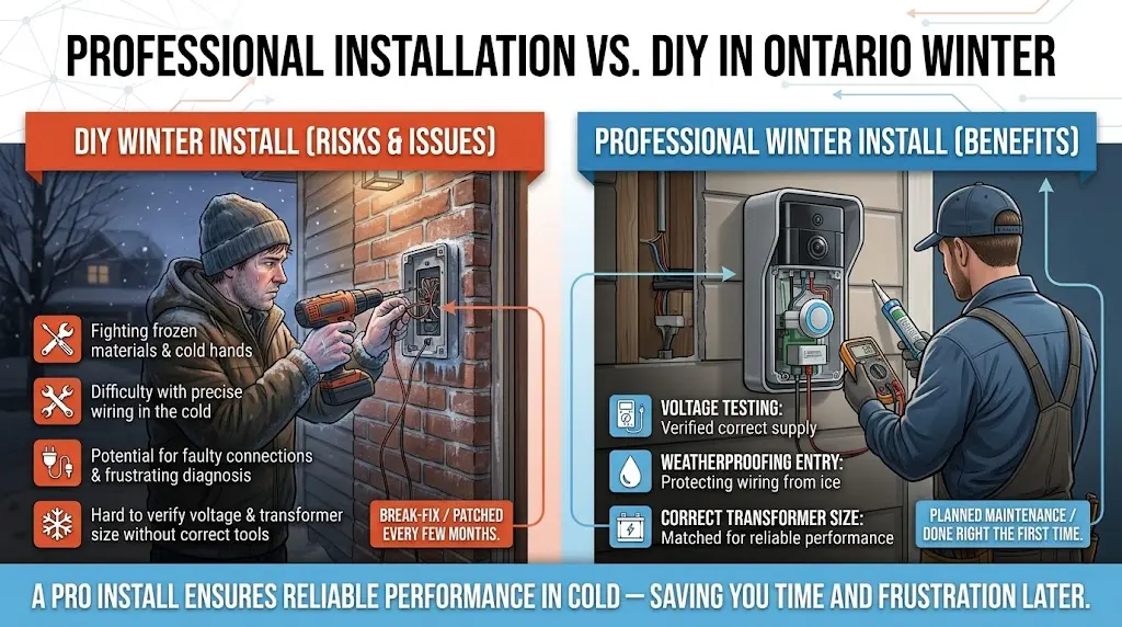 Professional versus DIY video doorbell installation in winter, showing differences in cold-weather mounting, wiring, weatherproofing, battery performance, and installation reliability