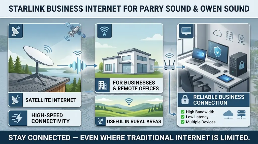 Starlink business internet installation in Parry Sound and Owen Sound showing satellite connectivity, reliable high-speed internet, outdoor equipment, and commercial network access