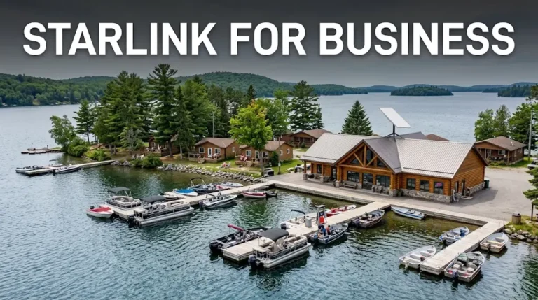 Starlink business internet setup for marinas, resorts, and shops in Parry Sound and Owen Sound, showing satellite connectivity, reliable internet access, and outdoor commercial installation